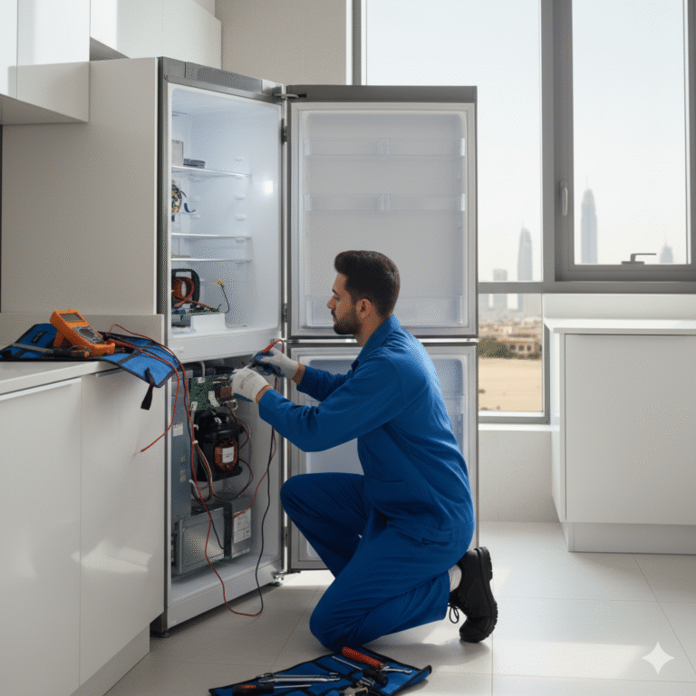 Expert technician from Quick Repair repairing a refrigerator in Dubai home
