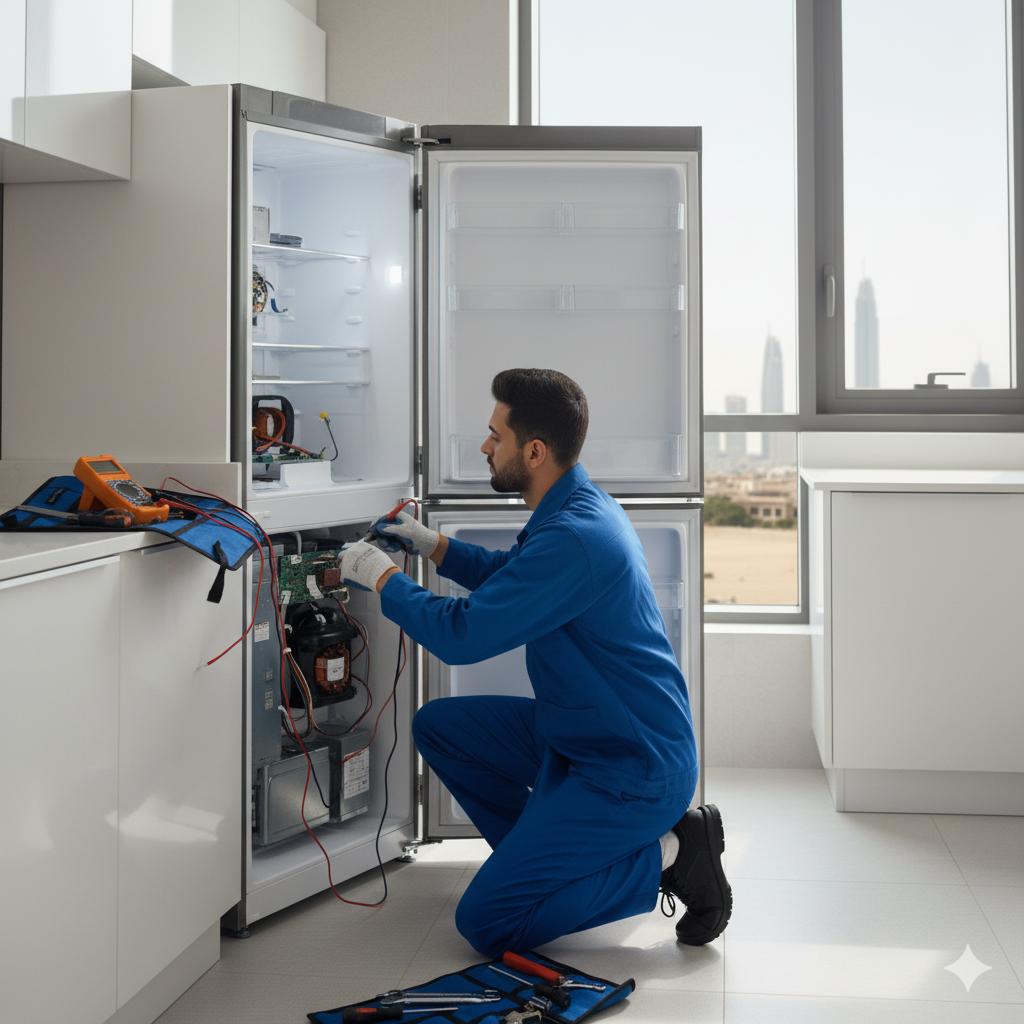 Expert technician from Quick Repair repairing a refrigerator in Dubai home